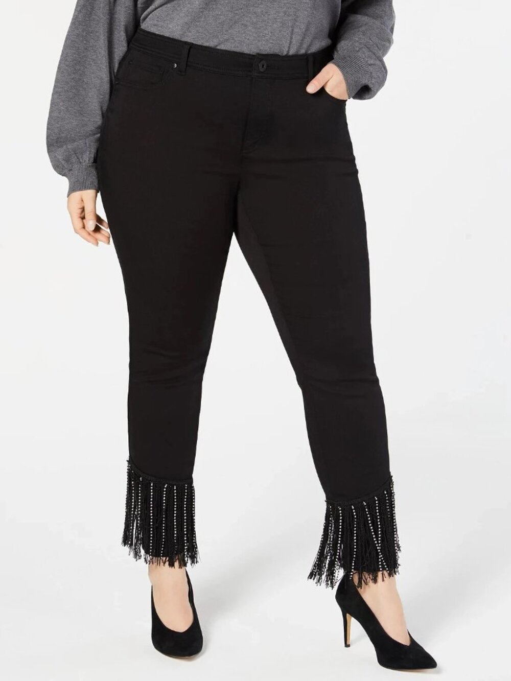 INC International Concepts Rhinestone Fringe Skinny Jeans Plus Size 28WP Black